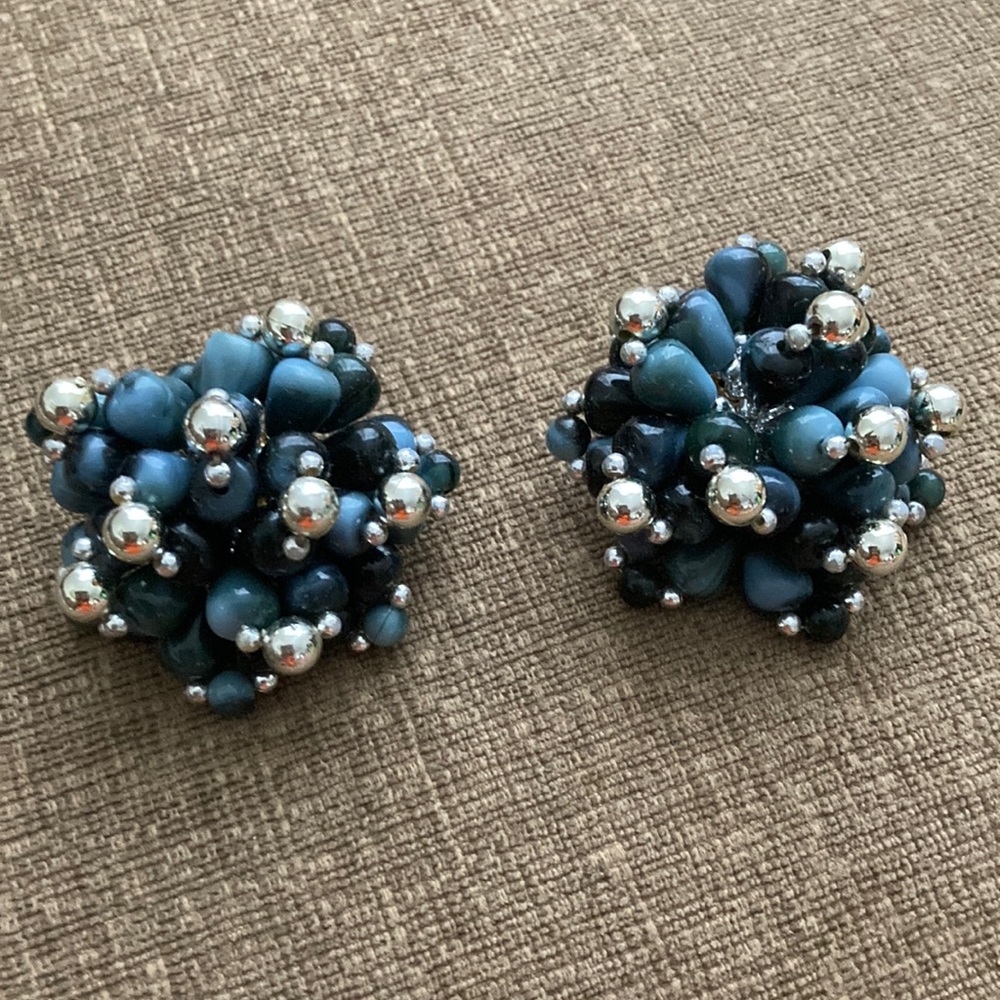 Blue + Silver Beaded Cluster Statement Earrings